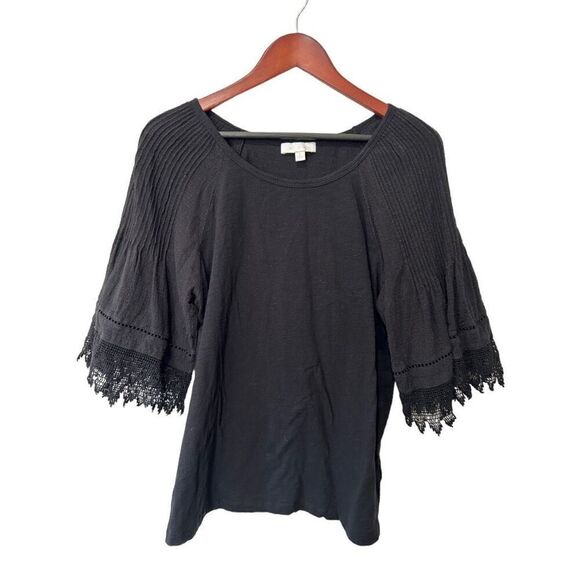 Eri + Ali Anthropologie Black Lace Detailed Knit Sleeves Size Large Fringe Boho - Picture 1 of 10